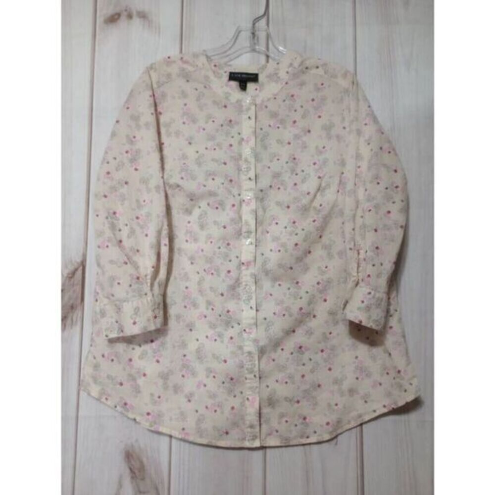 Lane Bryant Womens Floral Print Button Front Shirt Size 14 16‎ Beige Pink Gray